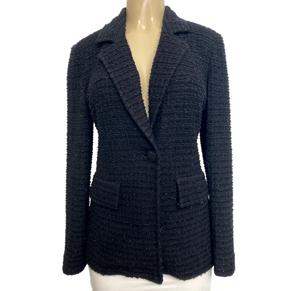 St John Jacket Blazer Knit Black Textured Tweed One Button Shimmer Long Sleeve 6 - Picture 1 of 8